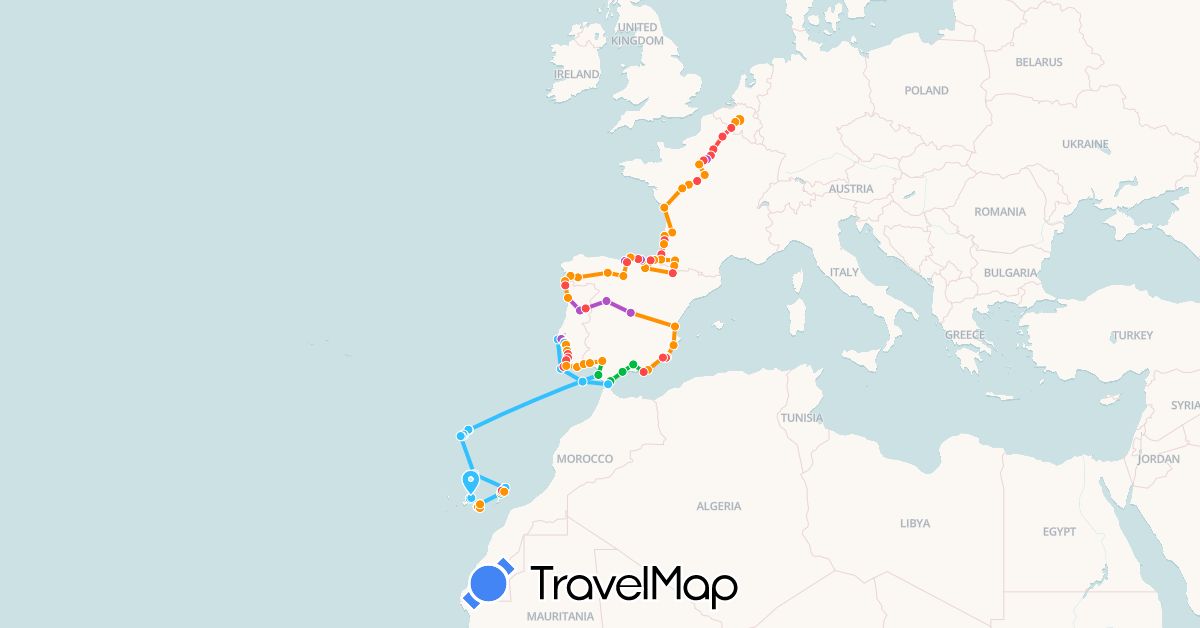 TravelMap itinerary: driving, bus, train, hiking, boat, hitchhiking in Belgium, Spain, France, Gibraltar, Morocco, Portugal (Africa, Europe)